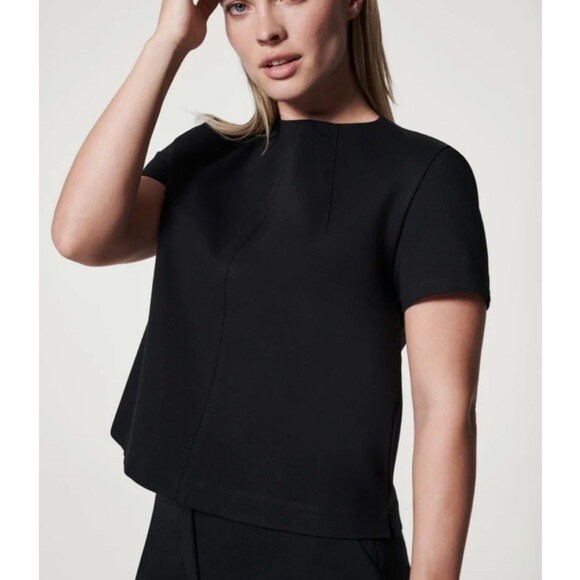 SPANX Womens Black Short Sleeve Zip Back Slimming Funnel Top Shirt Size XL - Picture 1 of 6